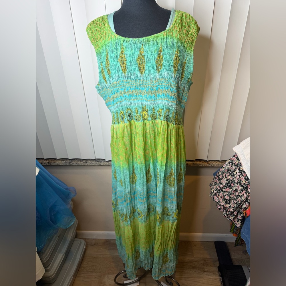 Coldwater Creek lined sheer green paisley maxi sundress Plus Woman Size 14